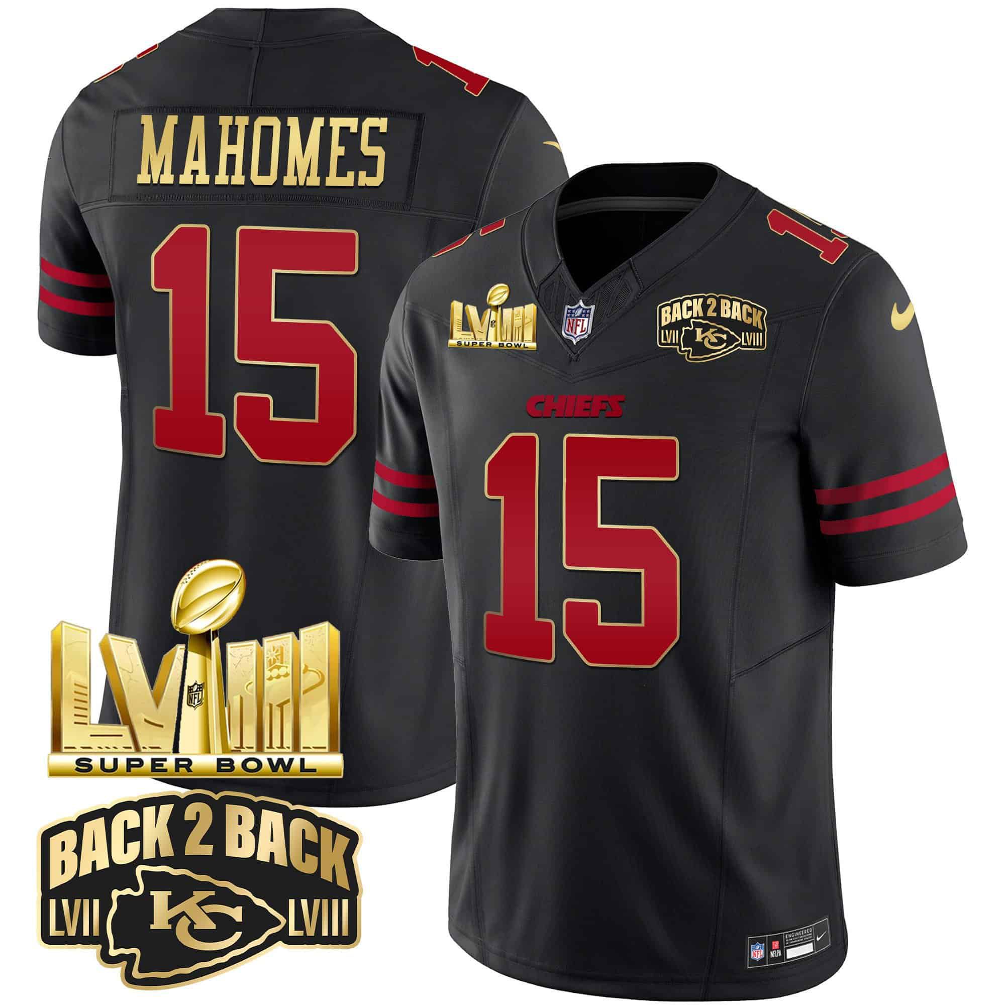 Men Kansas City Chiefs 15 Mahomes Black 2024 Nike Super Bowl LVIII & Back 2 Back Gold Patch Vapor NFL Jersey style 1